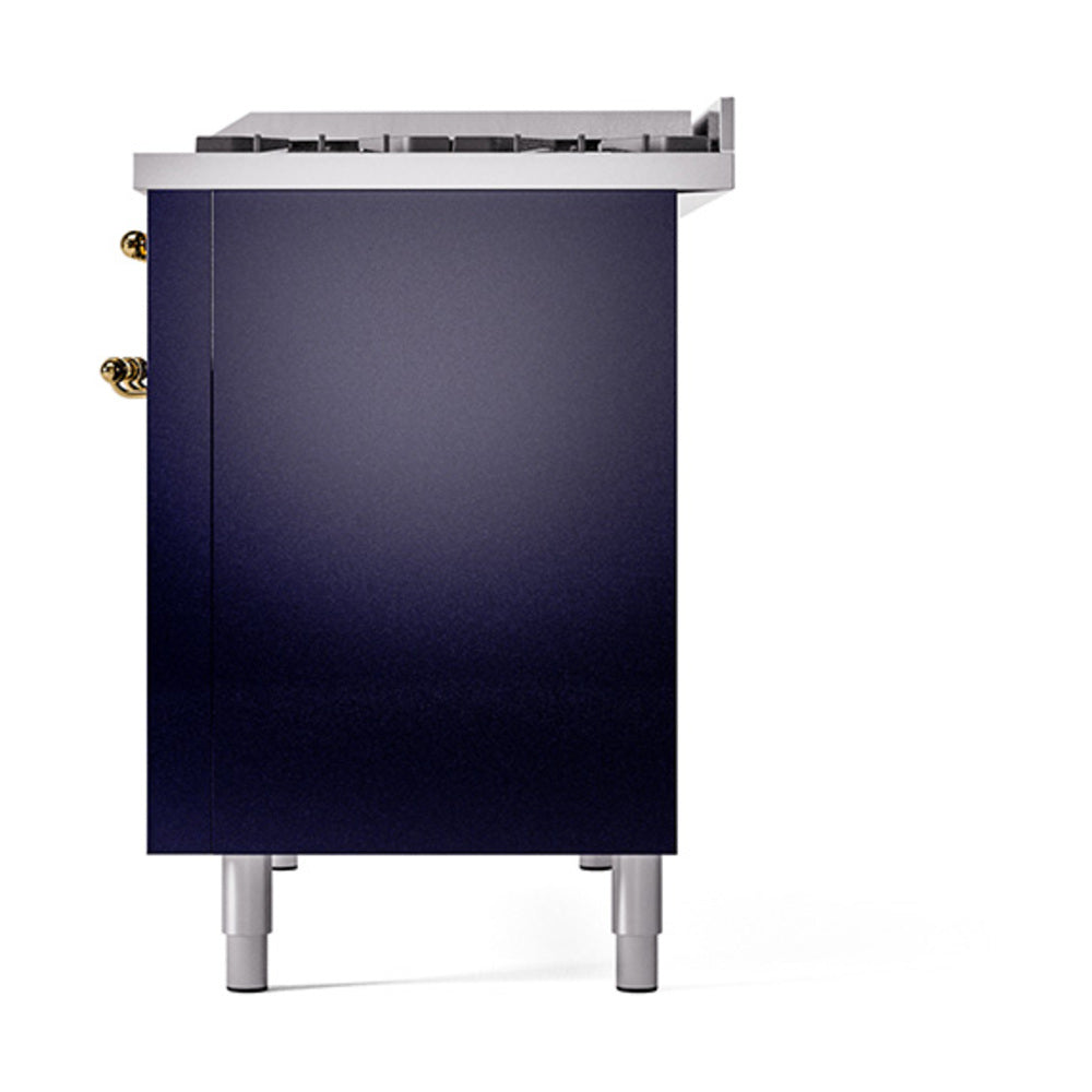 ILVE 48-Inch Nostalgie II Propane Gas Dual Fuel Range with 8 Burners, Griddle, and Solid Door Oven in Midnight Blue with Brass Trim (UP48FQNMPMBGLP)