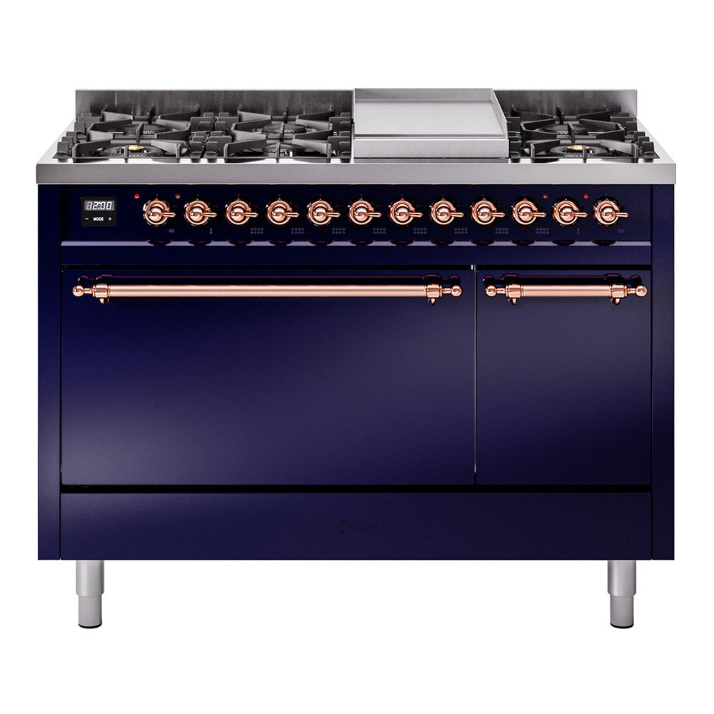 ILVE 48-Inch Nostalgie II Natural Gas Dual Fuel Range with 8 Burners, Griddle, and Solid Door Oven in Midnight Blue with Copper Trim (UP48FQNMPMBP)