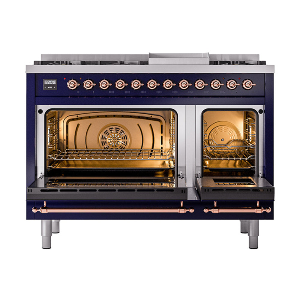 ILVE 48-Inch Nostalgie II Natural Gas Dual Fuel Range with 8 Burners, Griddle, and Solid Door Oven in Midnight Blue with Copper Trim (UP48FQNMPMBP)