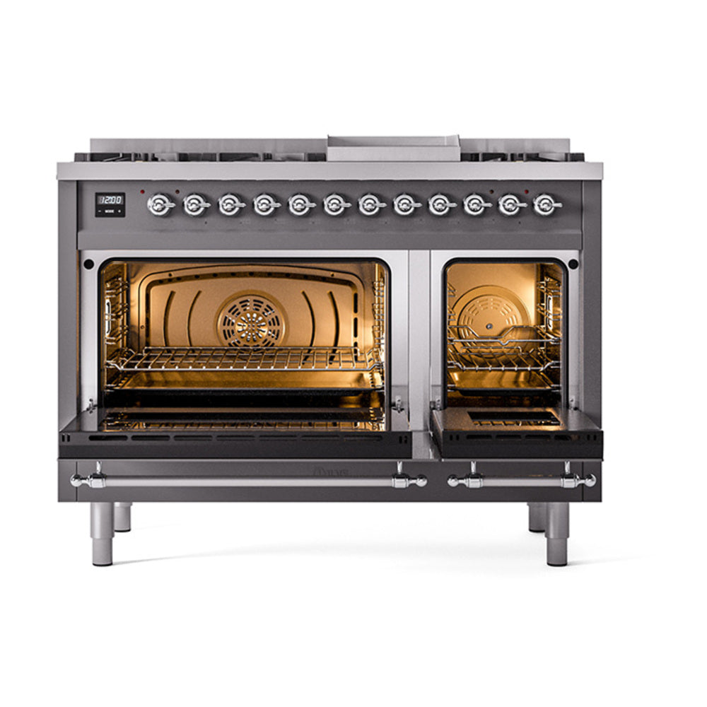 ILVE 48-Inch Nostalgie II Propane Gas Dual Fuel Range with 8 Burners, Griddle, and Solid Door Oven in Matte Graphite with Chrome Trim (UP48FQNMPMGCLP)