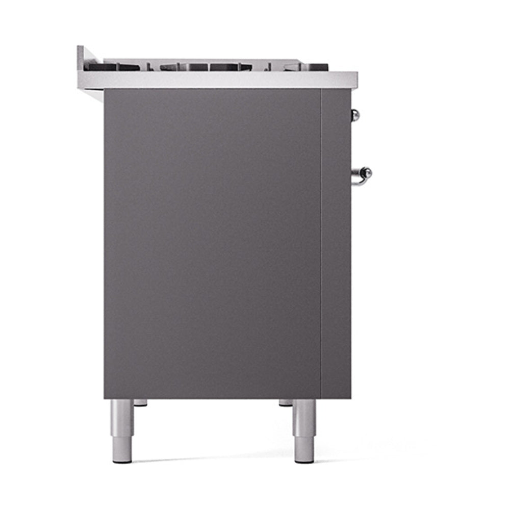 ILVE 48-Inch Nostalgie II Propane Gas Dual Fuel Range with 8 Burners, Griddle, and Solid Door Oven in Matte Graphite with Chrome Trim (UP48FQNMPMGCLP)