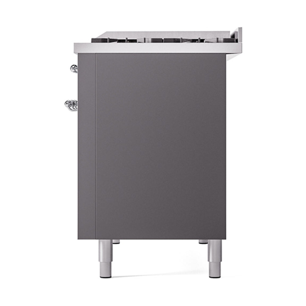 ILVE 48-Inch Nostalgie II Propane Gas Dual Fuel Range with 8 Burners, Griddle, and Solid Door Oven in Matte Graphite with Chrome Trim (UP48FQNMPMGCLP)