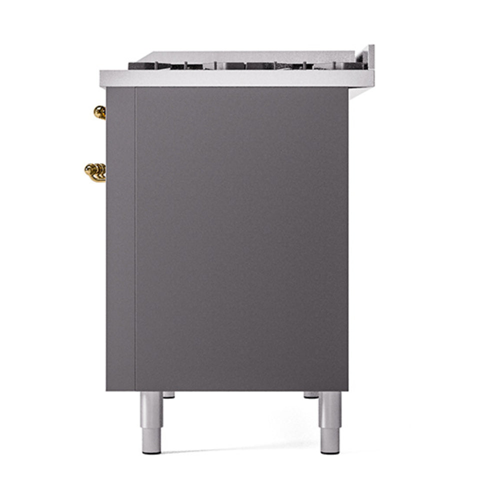 ILVE 48-Inch Nostalgie II Natural Gas Dual Fuel Range with 8 Burners, Griddle, and Solid Door Oven in Matte Graphite with Brass Trim (UP48FQNMPMGG)