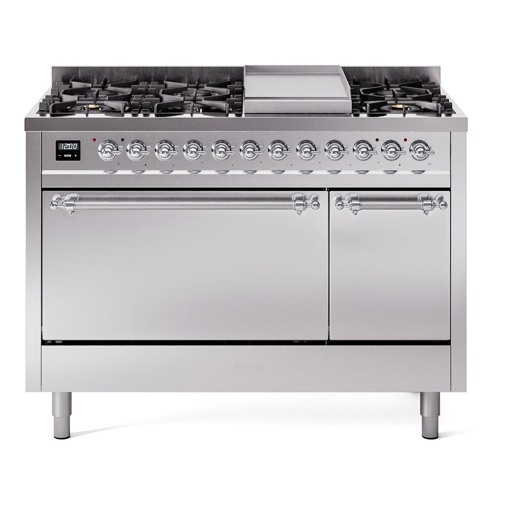 ILVE 48-Inch Nostalgie II Propane Gas Dual Fuel Range with 8 Burners, Griddle, and Solid Door Oven in Stainless Steel with Chrome Trim (UP48FQNMPSSCLP)