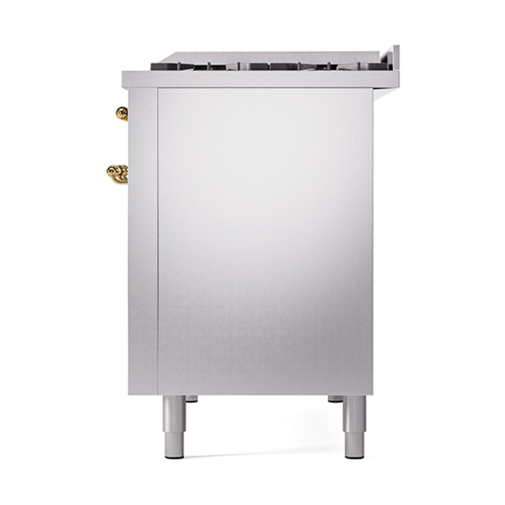ILVE 48-Inch Nostalgie II Natural Gas Dual Fuel Range with 8 Burners, Griddle, and Solid Door Oven in Stainless Steel with Brass Trim (UP48FQNMPSSG)