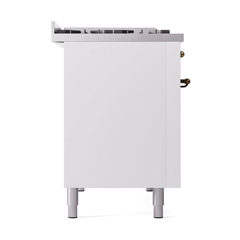 ILVE 48-Inch Nostalgie II Natural Gas Dual Fuel Range with 8 Burners, Griddle, and Solid Door Oven in White with Bronze Trim (UP48FQNMPWHB)