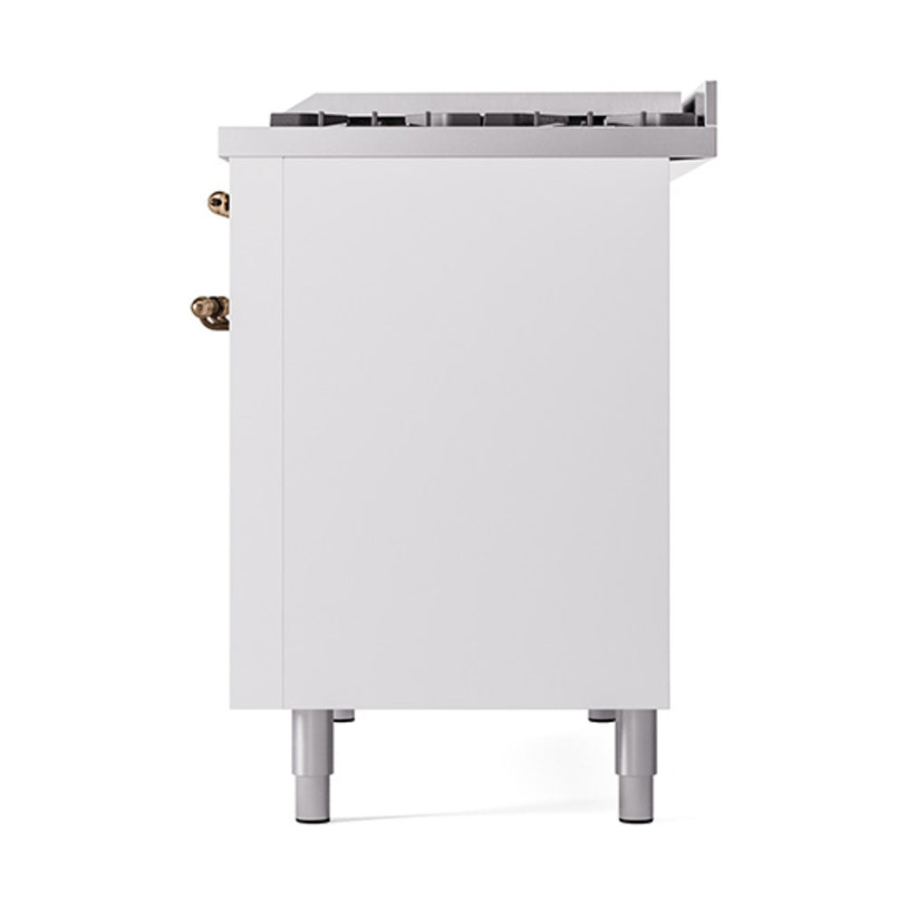 ILVE 48-Inch Nostalgie II Natural Gas Dual Fuel Range with 8 Burners, Griddle, and Solid Door Oven in White with Bronze Trim (UP48FQNMPWHB)