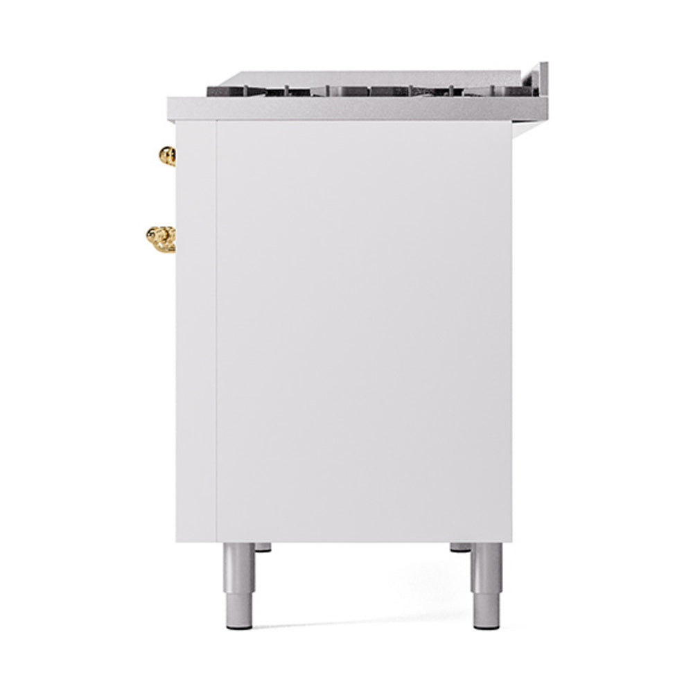 ILVE 48-Inch Nostalgie II Propane Gas Dual Fuel Range with 8 Burners, Griddle, and Solid Door Oven in White with Brass Trim (UP48FQNMPWHGLP)