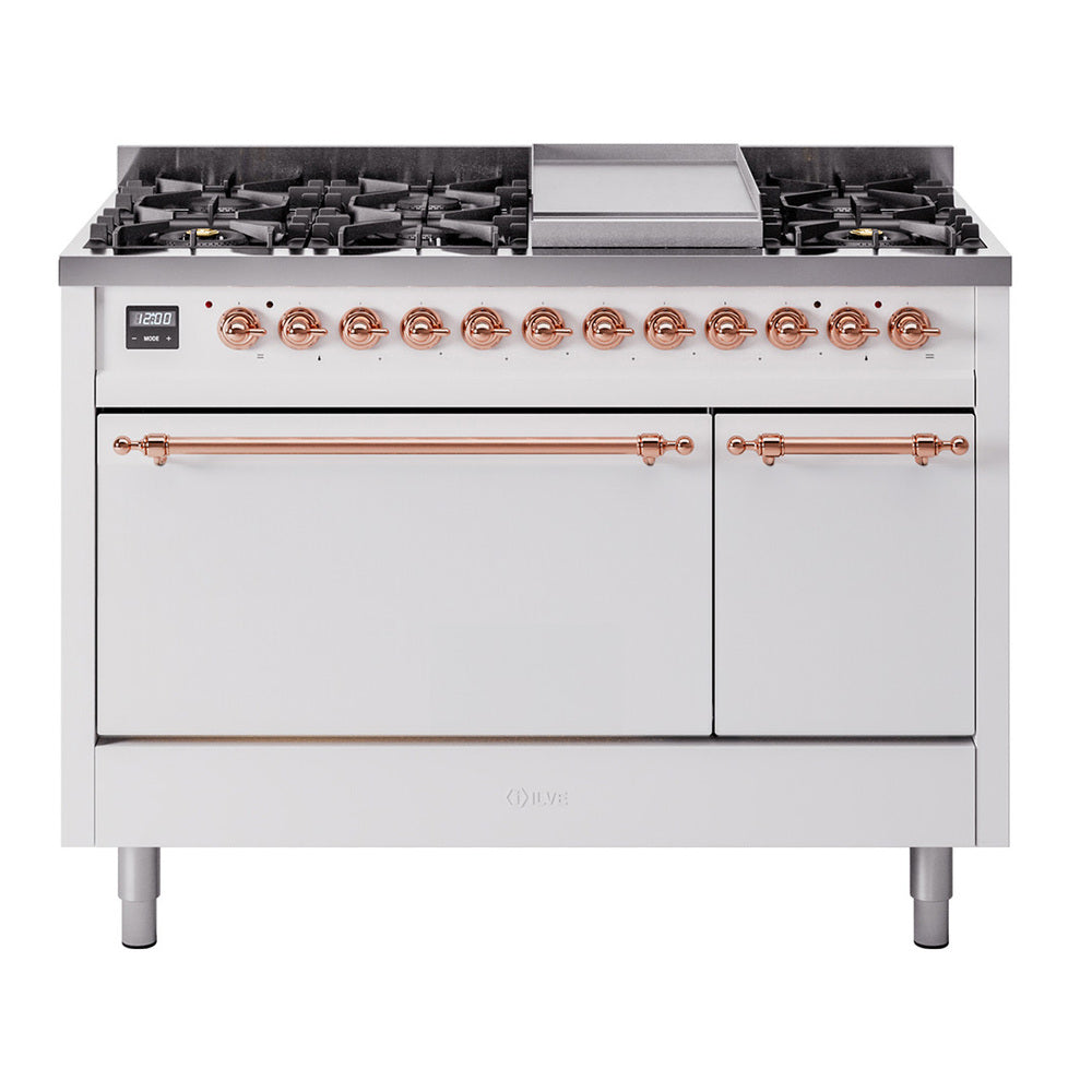 ILVE 48-Inch Nostalgie II Natural Gas Dual Fuel Range with 8 Burners, Griddle, and Solid Door Oven in White with Copper Trim (UP48FQNMPWHP)
