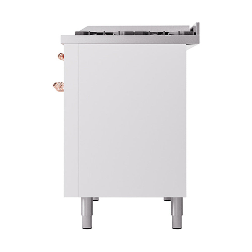 ILVE 48-Inch Nostalgie II Natural Gas Dual Fuel Range with 8 Burners, Griddle, and Solid Door Oven in White with Copper Trim (UP48FQNMPWHP)