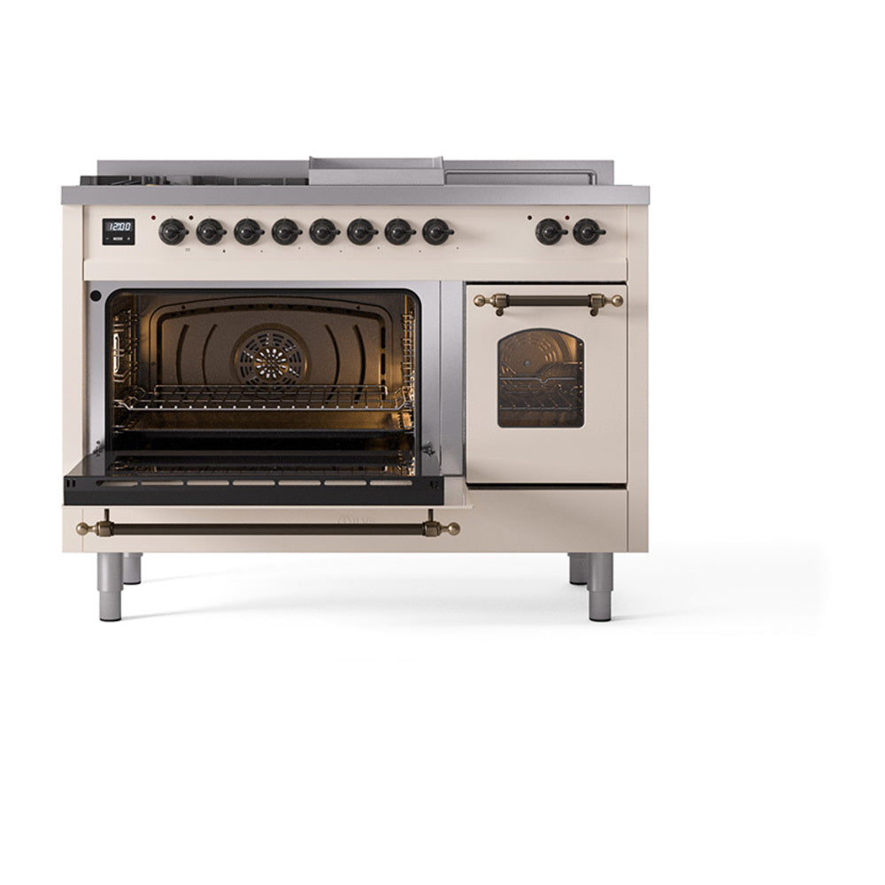 ILVE Nostalgie II 48-Inch Natural Gas Dual Fuel Range with 5 Burners, Griddle, & French Top with Triple Glass Door Oven in Antique White with Bronze Trim (UP48FSNMPAWB)