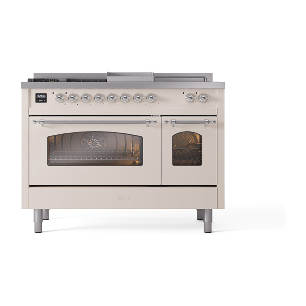 ILVE Nostalgie II 48-Inch Natural Gas Dual Fuel Range with 5 Burners, Griddle, & French Top with Triple Glass Door Oven in Antique White with Chrome Trim (UP48FSNMPAWC)