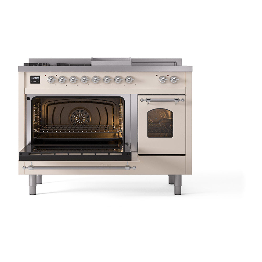 ILVE Nostalgie II 48-Inch Natural Gas Dual Fuel Range with 5 Burners, Griddle, & French Top with Triple Glass Door Oven in Antique White with Chrome Trim (UP48FSNMPAWC)