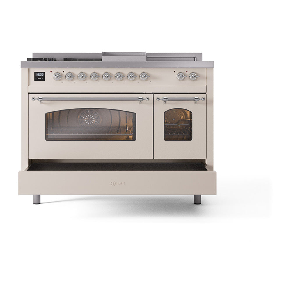 ILVE Nostalgie II 48-Inch Natural Gas Dual Fuel Range with 5 Burners, Griddle, & French Top with Triple Glass Door Oven in Antique White with Chrome Trim (UP48FSNMPAWC)