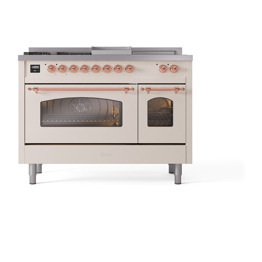 ILVE Nostalgie II 48-Inch Natural Gas Dual Fuel Range with 5 Burners, Griddle, & French Top with Triple Glass Door Oven in Antique White with Copper Trim (UP48FSNMPAWP)