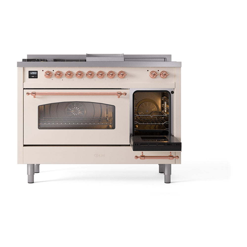 ILVE Nostalgie II 48-Inch Natural Gas Dual Fuel Range with 5 Burners, Griddle, & French Top with Triple Glass Door Oven in Antique White with Copper Trim (UP48FSNMPAWP)