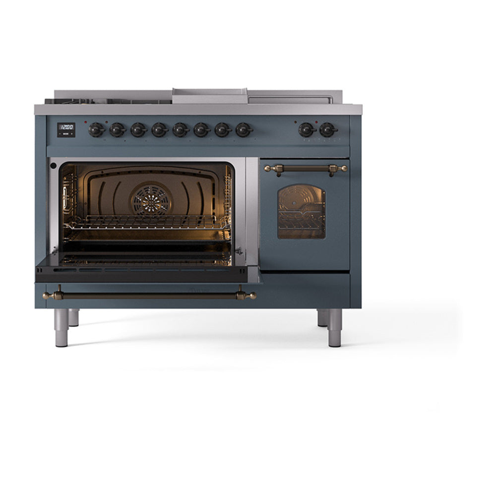 ILVE Nostalgie II 48-Inch Propane Gas Dual Fuel Range with 5 Burners, Griddle, & French Top with Triple Glass Door Oven in Blue Grey with Bronze Trim (UP48FSNMPBGBLP)