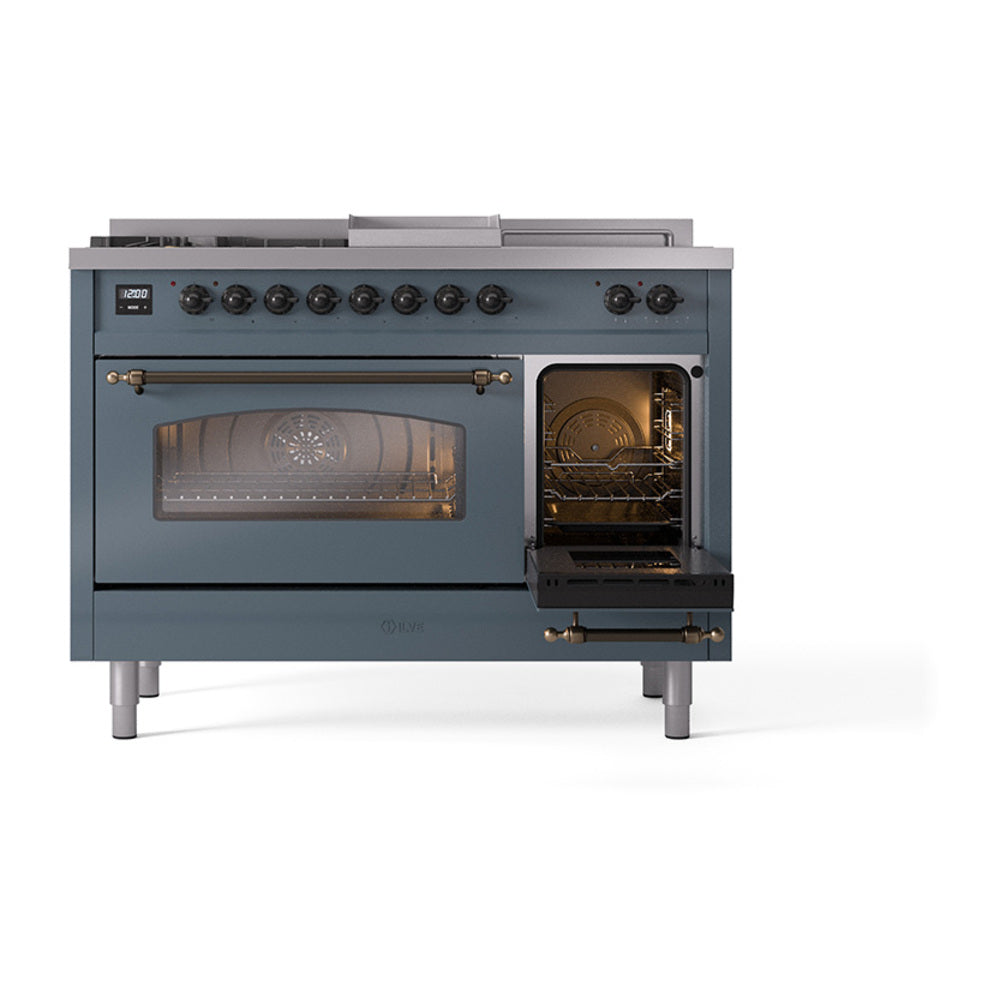 ILVE Nostalgie II 48-Inch Propane Gas Dual Fuel Range with 5 Burners, Griddle, & French Top with Triple Glass Door Oven in Blue Grey with Bronze Trim (UP48FSNMPBGBLP)