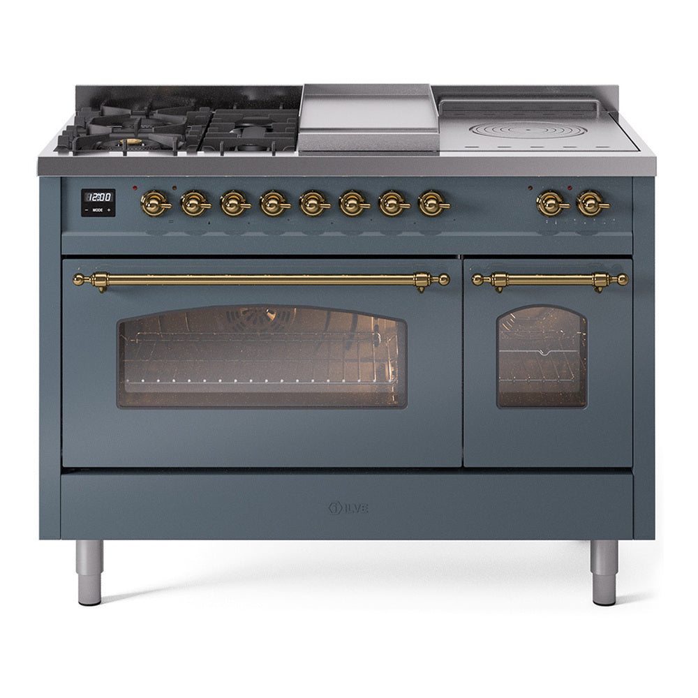 ILVE Nostalgie II 48-Inch Natural Gas Dual Fuel Range with 5 Burners, Griddle, & French Top with Triple Glass Door Oven in Blue Grey with Brass Trim (UP48FSNMPBGG)