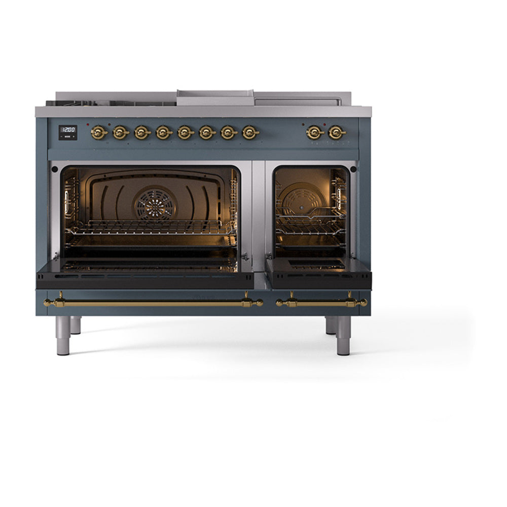 ILVE Nostalgie II 48-Inch Propane Gas Dual Fuel Range with 5 Burners, Griddle, & French Top with Triple Glass Door Oven in Blue Grey with Brass Trim (UP48FSNMPBGGLP)