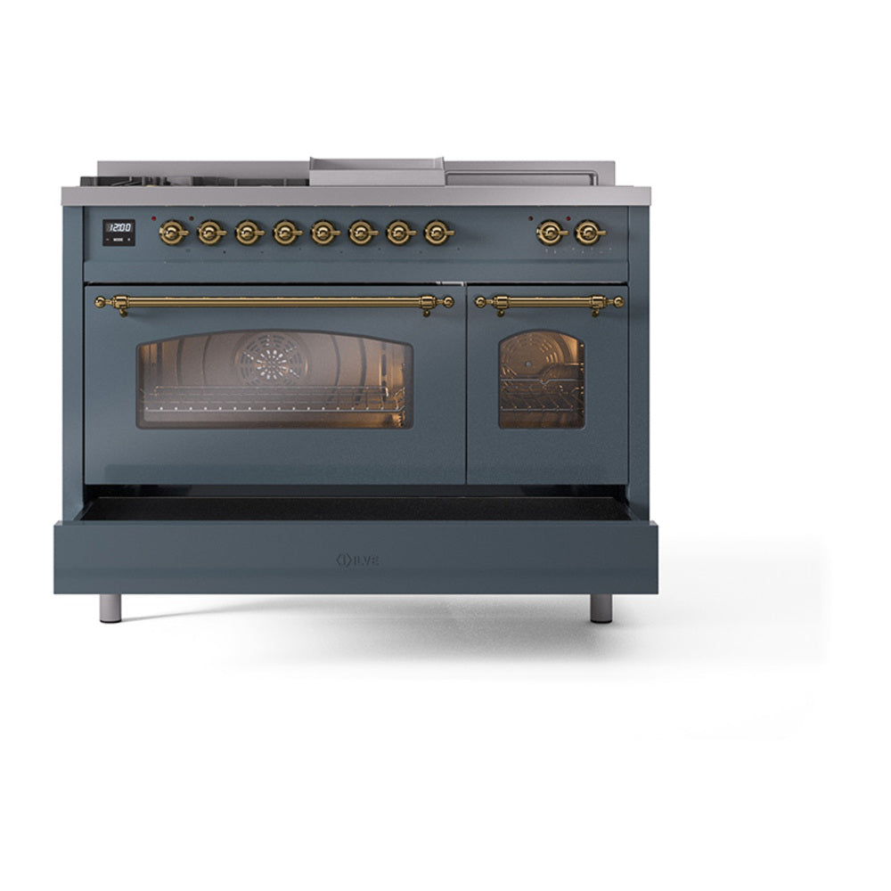 ILVE Nostalgie II 48-Inch Natural Gas Dual Fuel Range with 5 Burners, Griddle, & French Top with Triple Glass Door Oven in Blue Grey with Brass Trim (UP48FSNMPBGG)