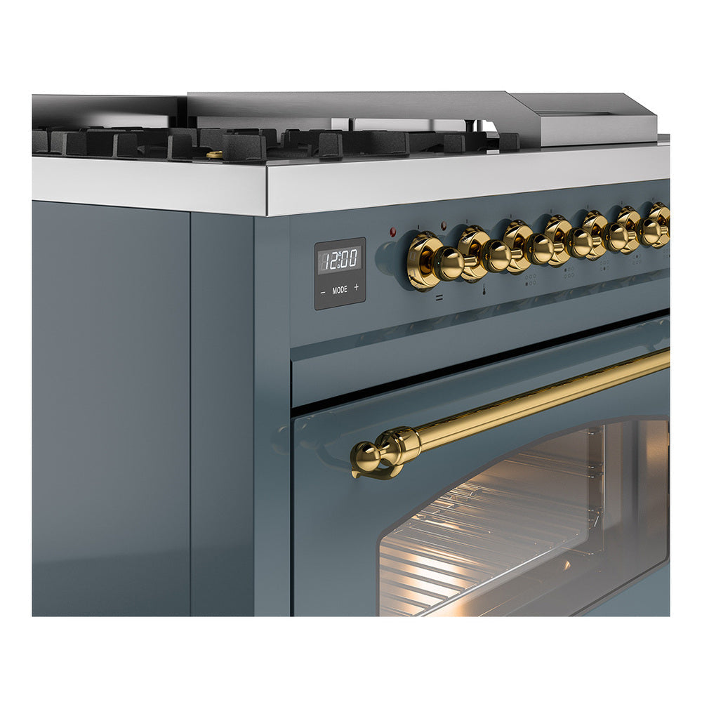 ILVE Nostalgie II 48-Inch Natural Gas Dual Fuel Range with 5 Burners, Griddle, & French Top with Triple Glass Door Oven in Blue Grey with Brass Trim (UP48FSNMPBGG)