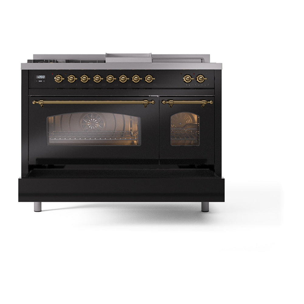 ILVE Nostalgie II 48-Inch Natural Gas Dual Fuel Range with 5 Burners, Griddle, & French Top with Triple Glass Door Oven in Glossy Black with Brass Trim (UP48FSNMPBKG)