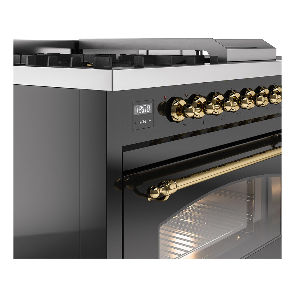 ILVE Nostalgie II 48-Inch Natural Gas Dual Fuel Range with 5 Burners, Griddle, & French Top with Triple Glass Door Oven in Glossy Black with Brass Trim (UP48FSNMPBKG)
