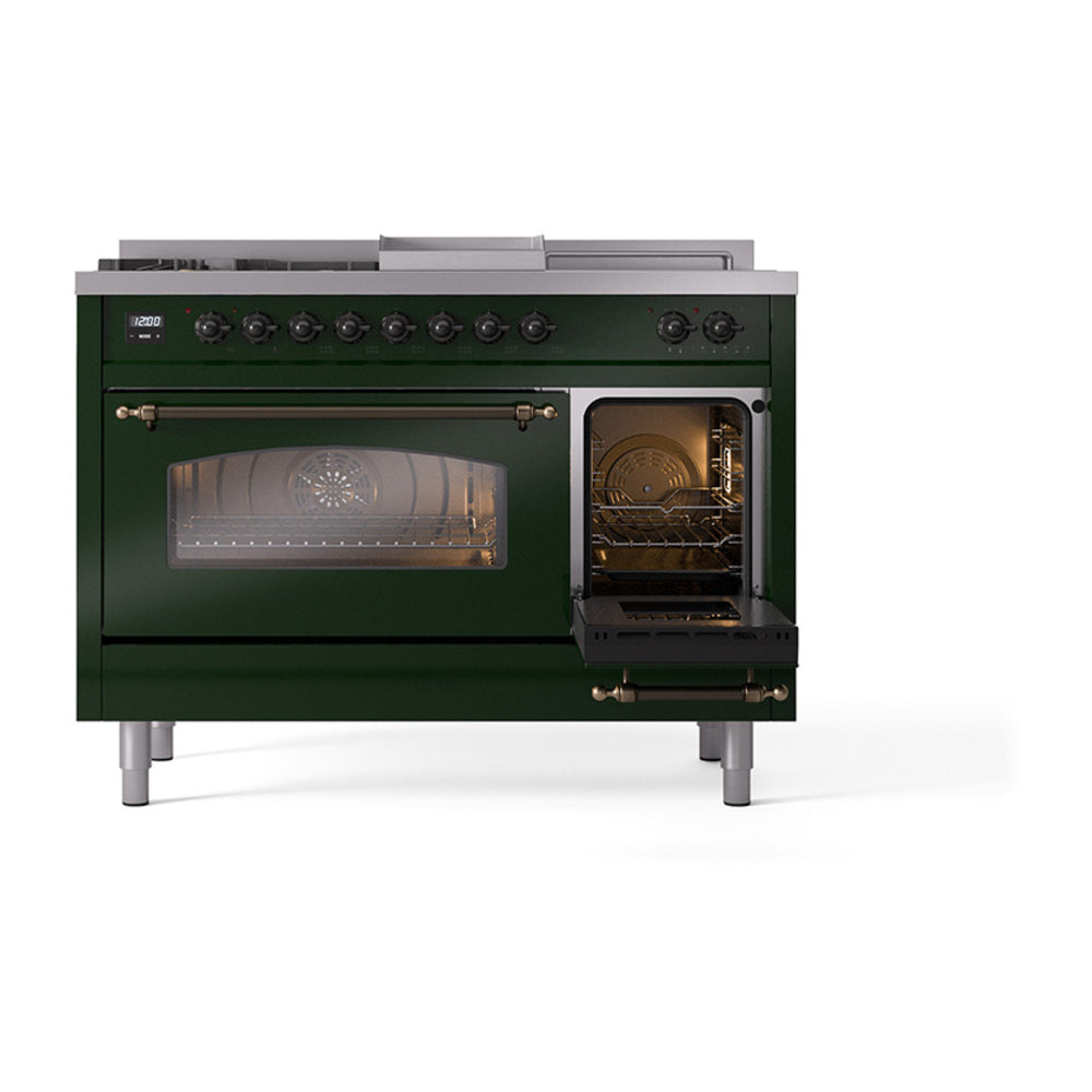 ILVE Nostalgie II 48-Inch Natural Gas Dual Fuel Range with 5 Burners, Griddle, & French Top with Triple Glass Door Oven in Emerald Green with Bronze Trim (UP48FSNMPEGB)