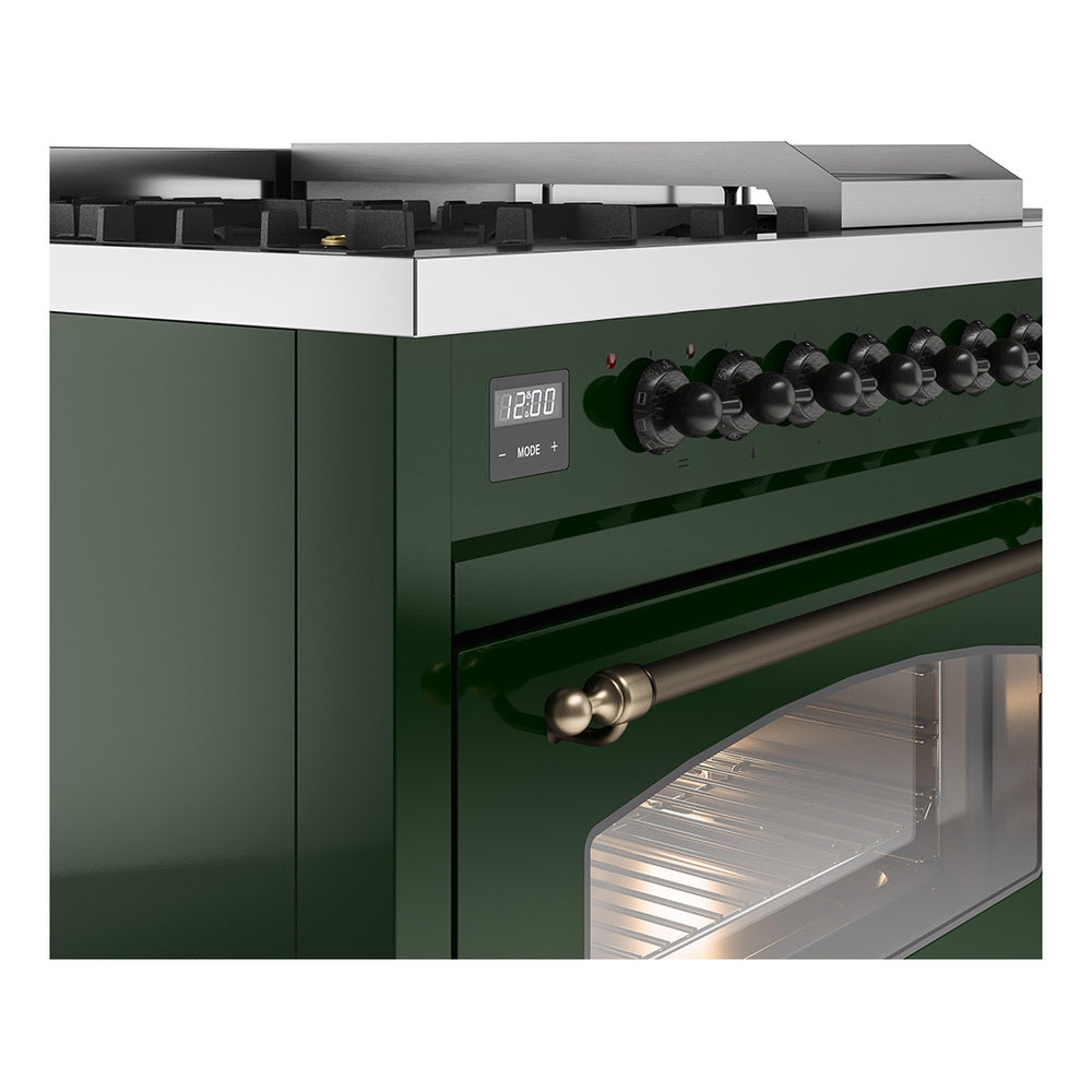 ILVE Nostalgie II 48-Inch Natural Gas Dual Fuel Range with 5 Burners, Griddle, & French Top with Triple Glass Door Oven in Emerald Green with Bronze Trim (UP48FSNMPEGB)