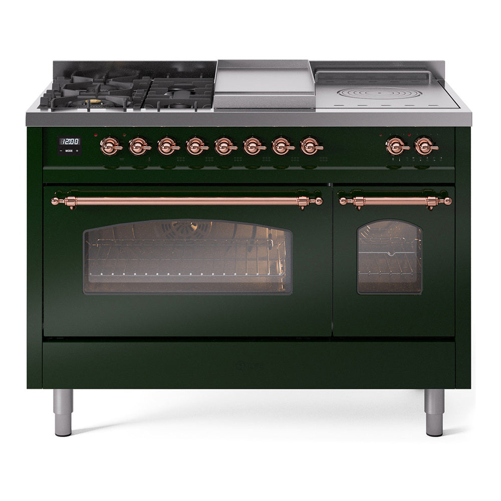 ILVE Nostalgie II 48-Inch Natural Gas Dual Fuel Range with 5 Burners, Griddle, & French Top with Triple Glass Door Oven in Emerald Green with Copper Trim (UP48FSNMPEGP)