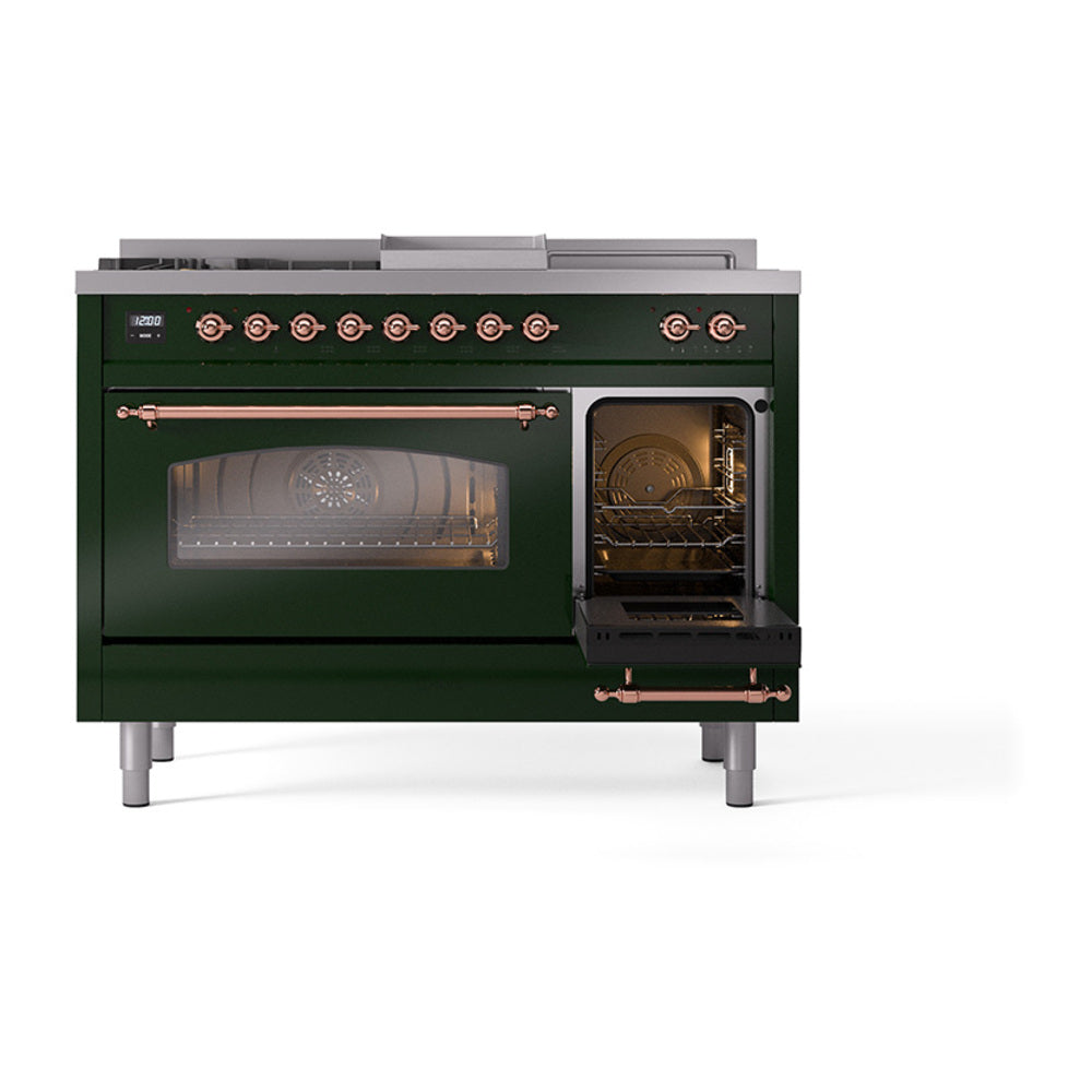 ILVE Nostalgie II 48-Inch Natural Gas Dual Fuel Range with 5 Burners, Griddle, & French Top with Triple Glass Door Oven in Emerald Green with Copper Trim (UP48FSNMPEGP)