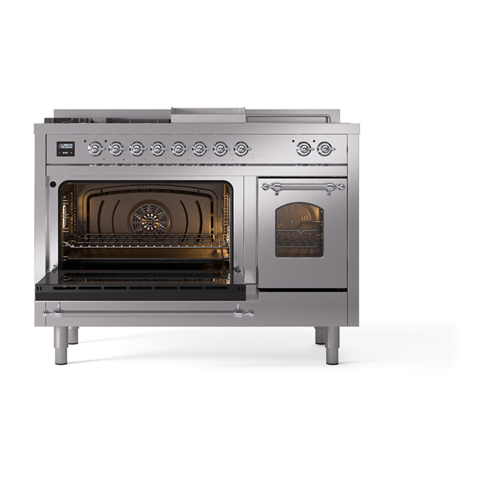 ILVE Nostalgie II 48-Inch Natural Gas Dual Fuel Range with 5 Burners, Griddle, & French Top with Triple Glass Door Oven in Stainless Steel with Chrome Trim (UP48FSNMPSSC)