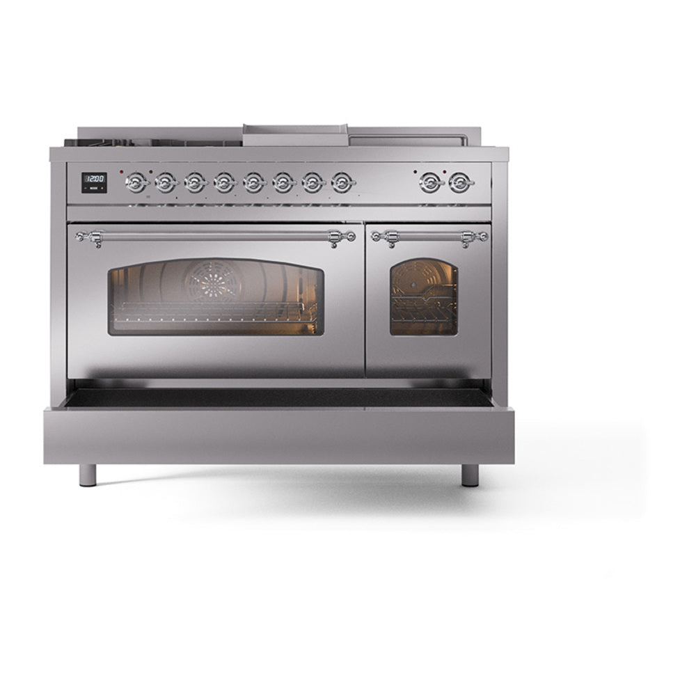 ILVE Nostalgie II 48-Inch Natural Gas Dual Fuel Range with 5 Burners, Griddle, & French Top with Triple Glass Door Oven in Stainless Steel with Chrome Trim (UP48FSNMPSSC)