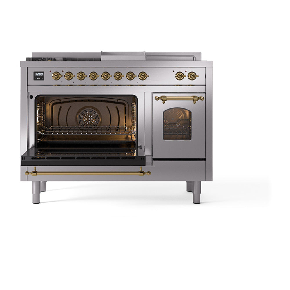 ILVE Nostalgie II 48-Inch Propane Gas Dual Fuel Range with 5 Burners, Griddle, & French Top with Triple Glass Door Oven in Stainless Steel with Brass Trim (UP48FSNMPSSGLP)