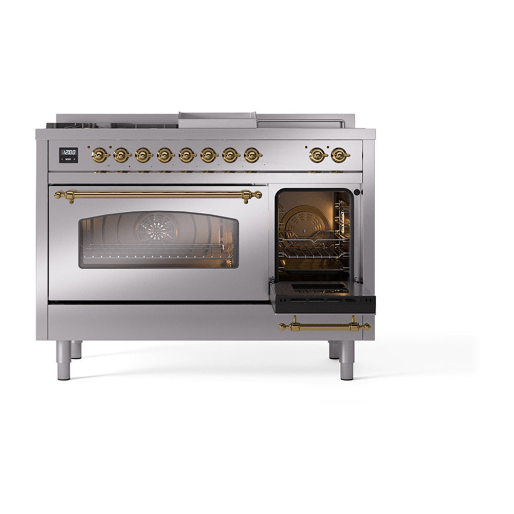 ILVE Nostalgie II 48-Inch Propane Gas Dual Fuel Range with 5 Burners, Griddle, & French Top with Triple Glass Door Oven in Stainless Steel with Brass Trim (UP48FSNMPSSGLP)