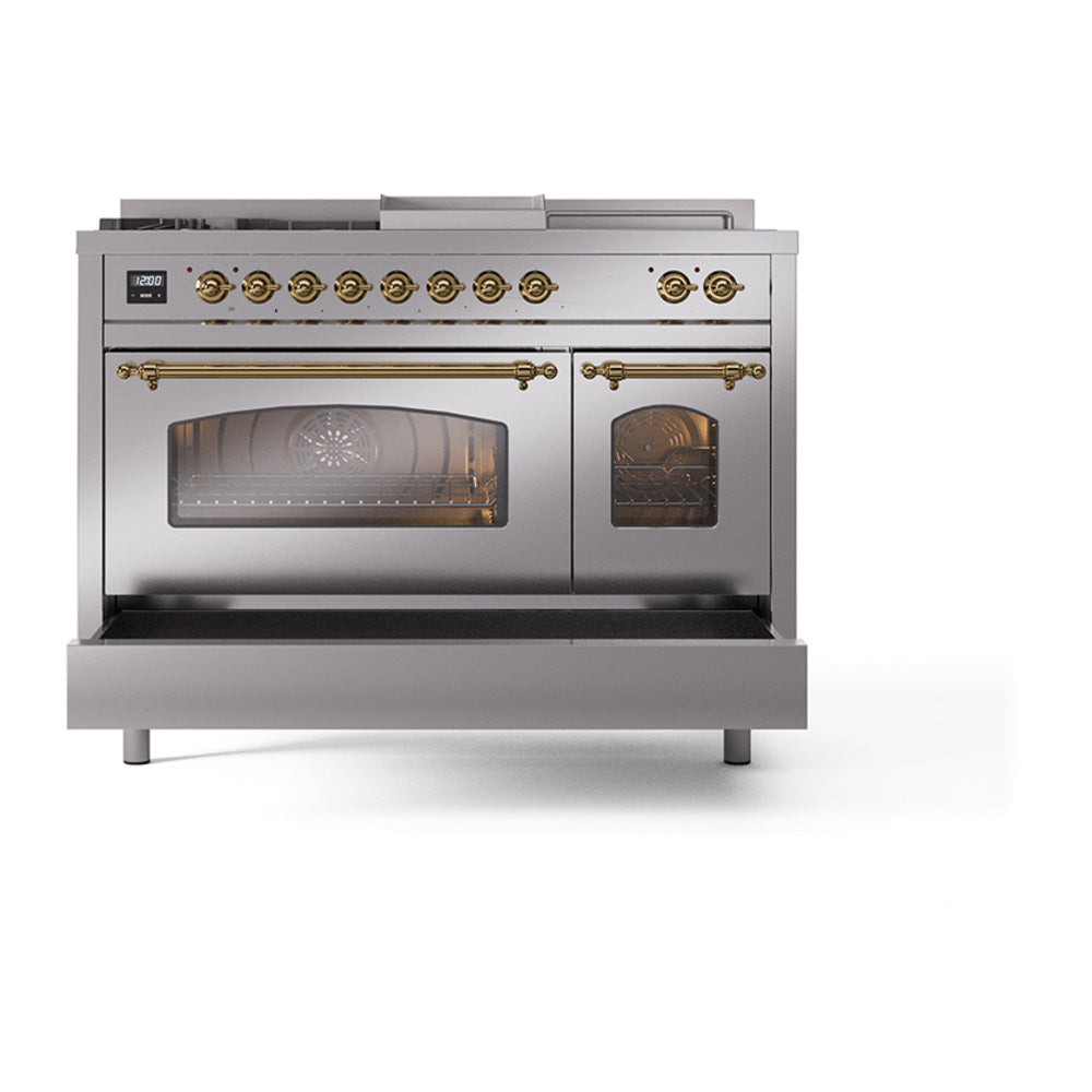 ILVE Nostalgie II 48-Inch Propane Gas Dual Fuel Range with 5 Burners, Griddle, & French Top with Triple Glass Door Oven in Stainless Steel with Brass Trim (UP48FSNMPSSGLP)