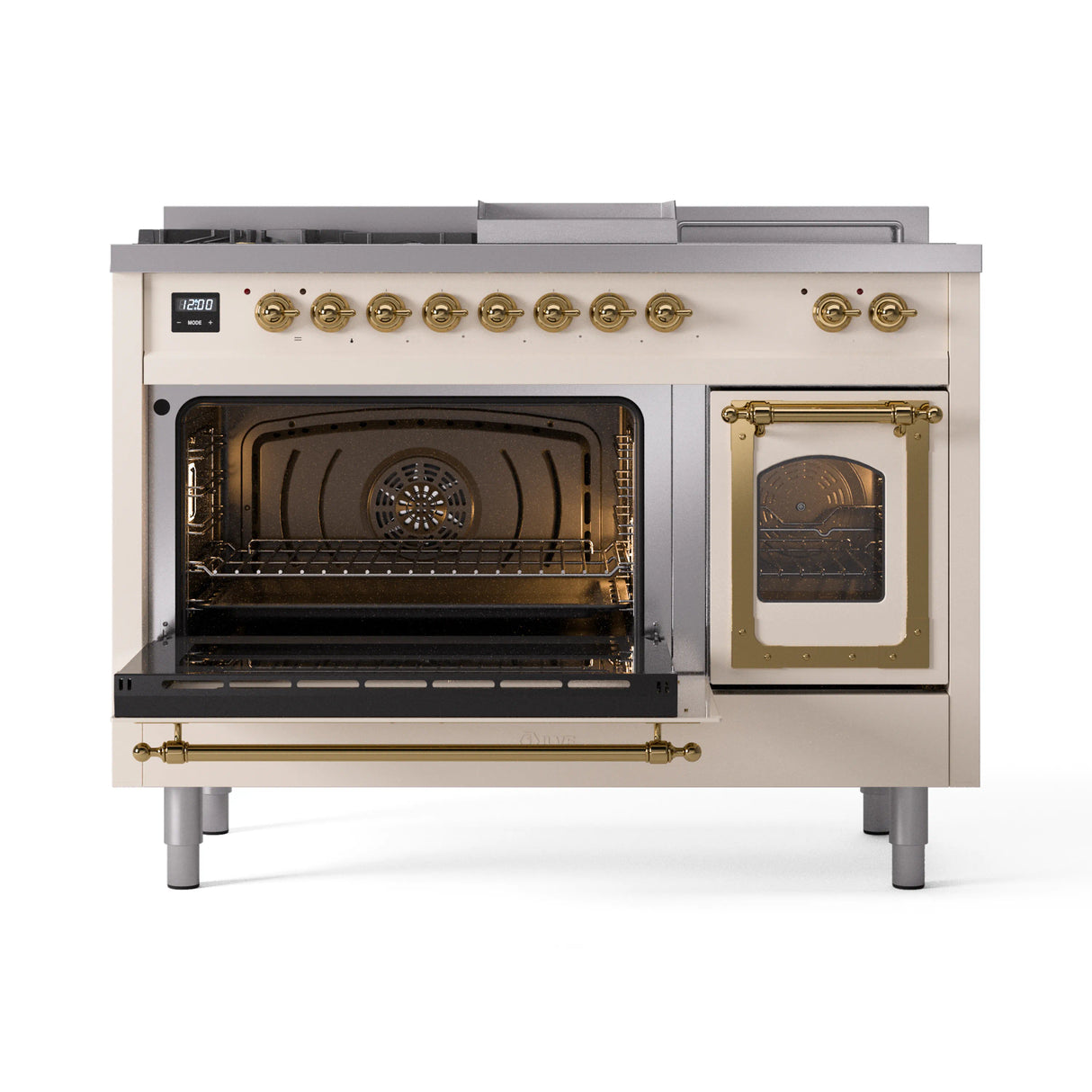 ILVE Nostalgie II Noblesse 48-Inch Propane Gas Dual Fuel Range with 5 Burners, Griddle, & French Top with Triple Glass Door Oven in Antique White with Brass Trim (UN48FSNMPAWGLP)