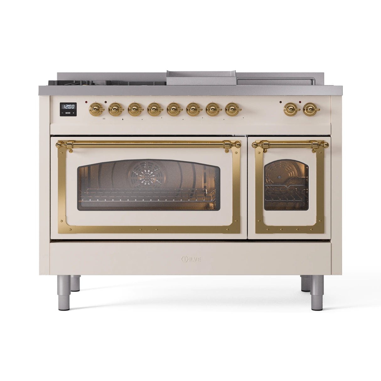 ILVE Nostalgie II Noblesse 48-Inch Propane Gas Dual Fuel Range with 5 Burners, Griddle, & French Top with Triple Glass Door Oven in Antique White with Brass Trim (UN48FSNMPAWGLP)