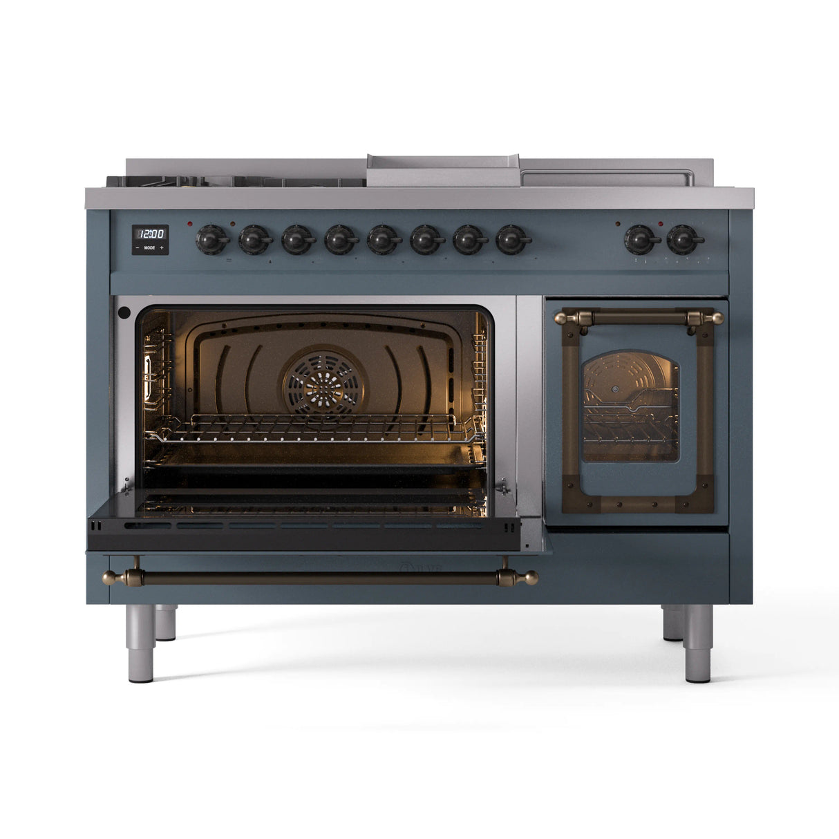 ILVE Nostalgie II Noblesse 48-Inch Natural Gas Dual Fuel Range with 5 Burners, Griddle, & French Top with Triple Glass Door Oven in Blue Grey with Bronze Trim (UN48FSNMPBGB)