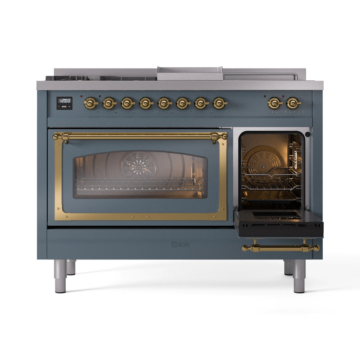 ILVE Nostalgie II Noblesse 48-Inch Natural Gas Dual Fuel Range with 5 Burners, Griddle, & French Top with Triple Glass Door Oven in Blue Grey with Brass Trim (UN48FSNMPBGG)