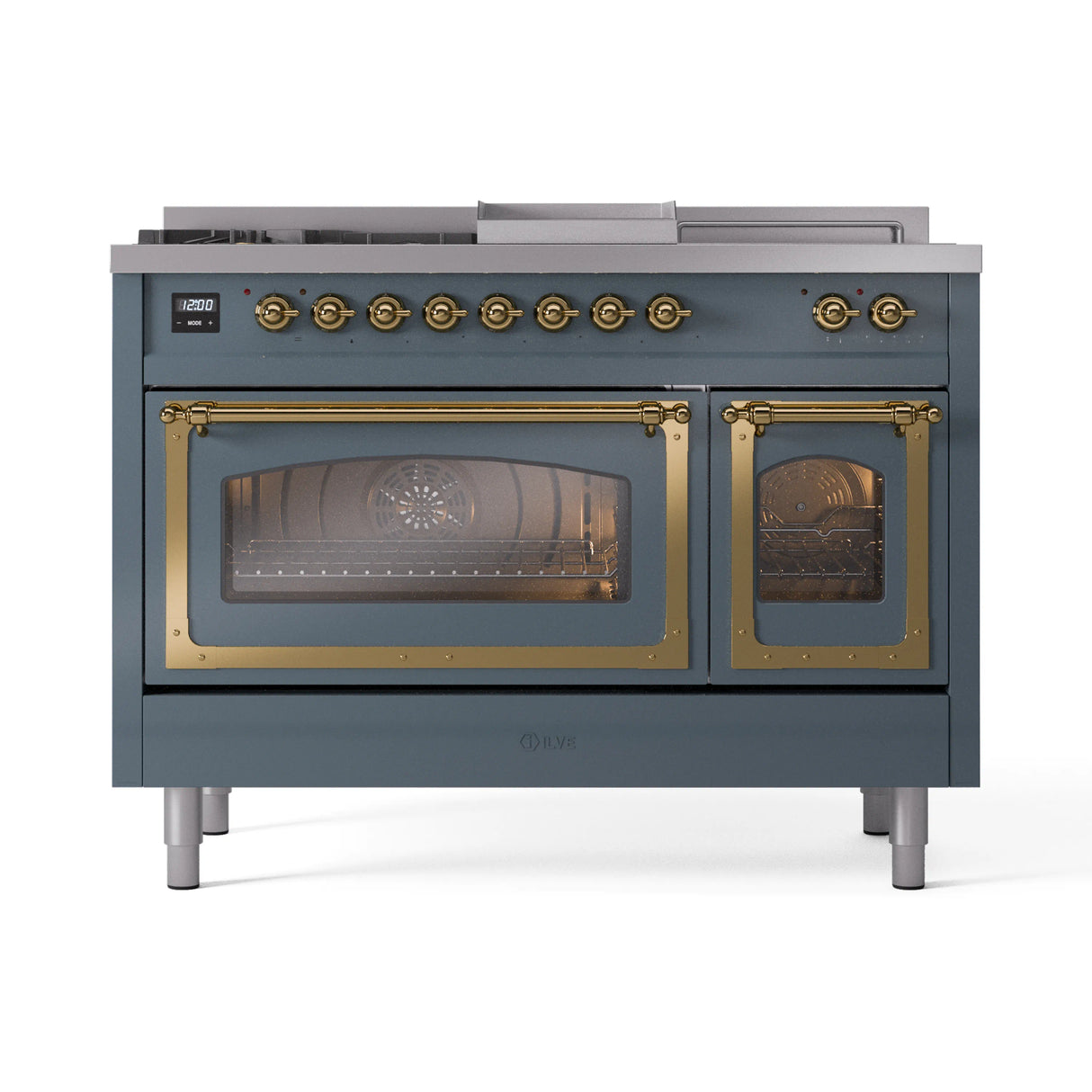ILVE Nostalgie II Noblesse 48-Inch Natural Gas Dual Fuel Range with 5 Burners, Griddle, & French Top with Triple Glass Door Oven in Blue Grey with Brass Trim (UN48FSNMPBGG)