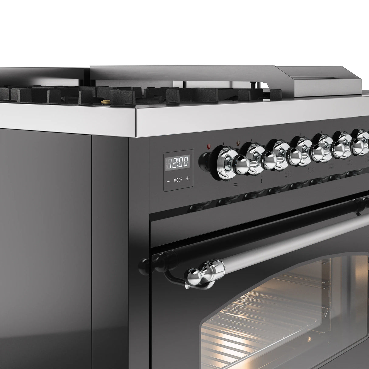 ILVE Nostalgie II 48-Inch Natural Gas Dual Fuel Range with 5 Burners, Griddle, & French Top with Triple Glass Door Oven in Glossy Black with Chrome Trim (UP48FSNMPBKC)