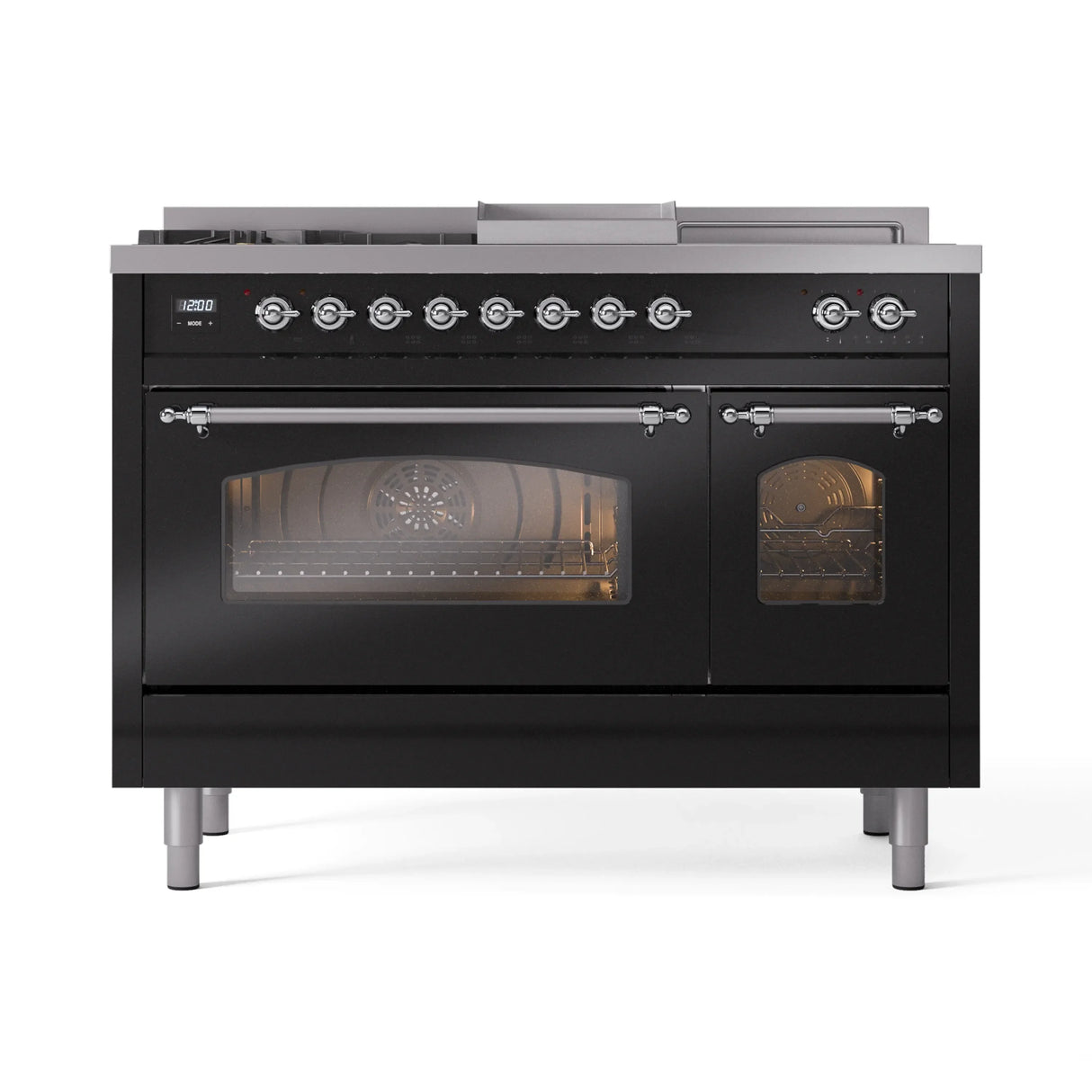 ILVE Nostalgie II 48-Inch Natural Gas Dual Fuel Range with 5 Burners, Griddle, & French Top with Triple Glass Door Oven in Glossy Black with Chrome Trim (UP48FSNMPBKC)