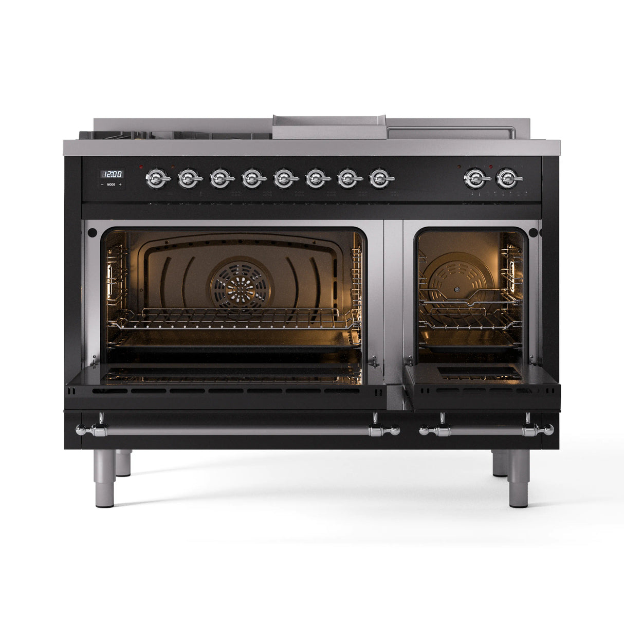 ILVE Nostalgie II 48-Inch Natural Gas Dual Fuel Range with 5 Burners, Griddle, & French Top with Triple Glass Door Oven in Glossy Black with Chrome Trim (UP48FSNMPBKC)