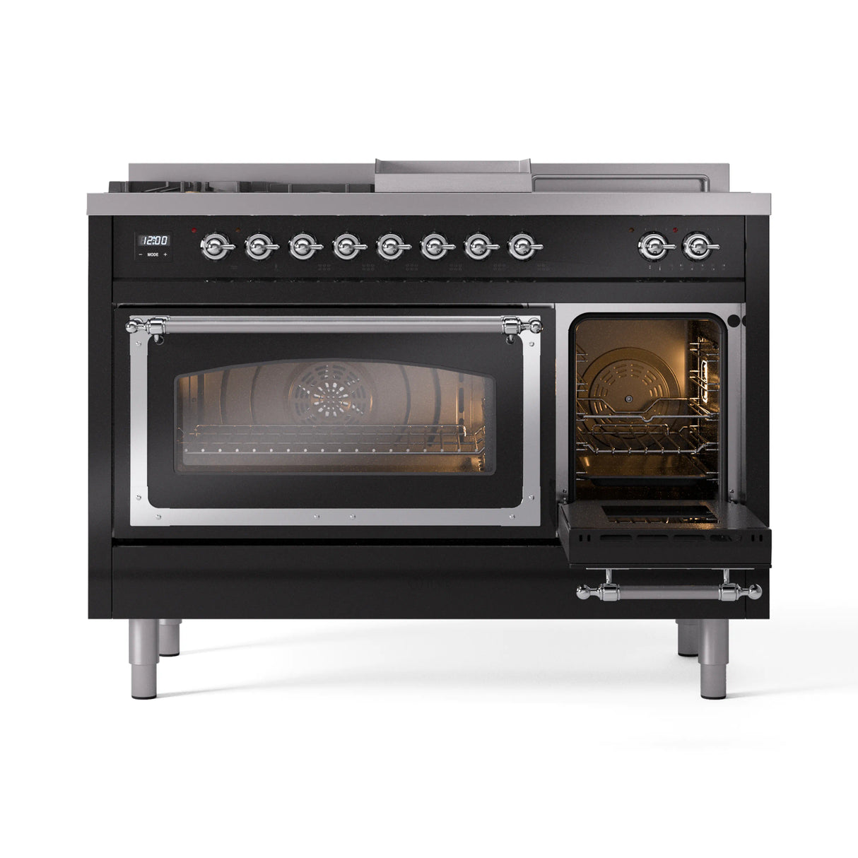 ILVE Nostalgie II Noblesse 48-Inch Natural Gas Dual Fuel Range with 5 Burners, Griddle, & French Top with Triple Glass Door Oven in Glossy Black with Chrome Trim (UN48FSNMPBKC)