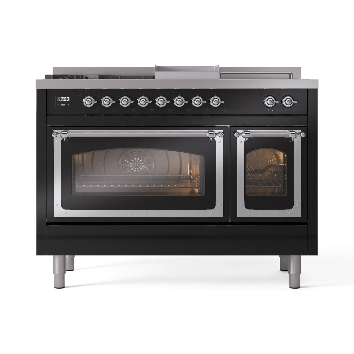 ILVE Nostalgie II Noblesse 48-Inch Natural Gas Dual Fuel Range with 5 Burners, Griddle, & French Top with Triple Glass Door Oven in Glossy Black with Chrome Trim (UN48FSNMPBKC)