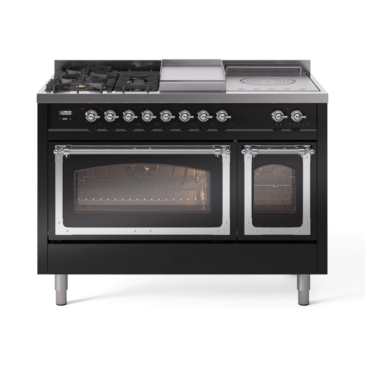 ILVE Nostalgie II Noblesse 48-Inch Natural Gas Dual Fuel Range with 5 Burners, Griddle, & French Top with Triple Glass Door Oven in Glossy Black with Chrome Trim (UN48FSNMPBKC)