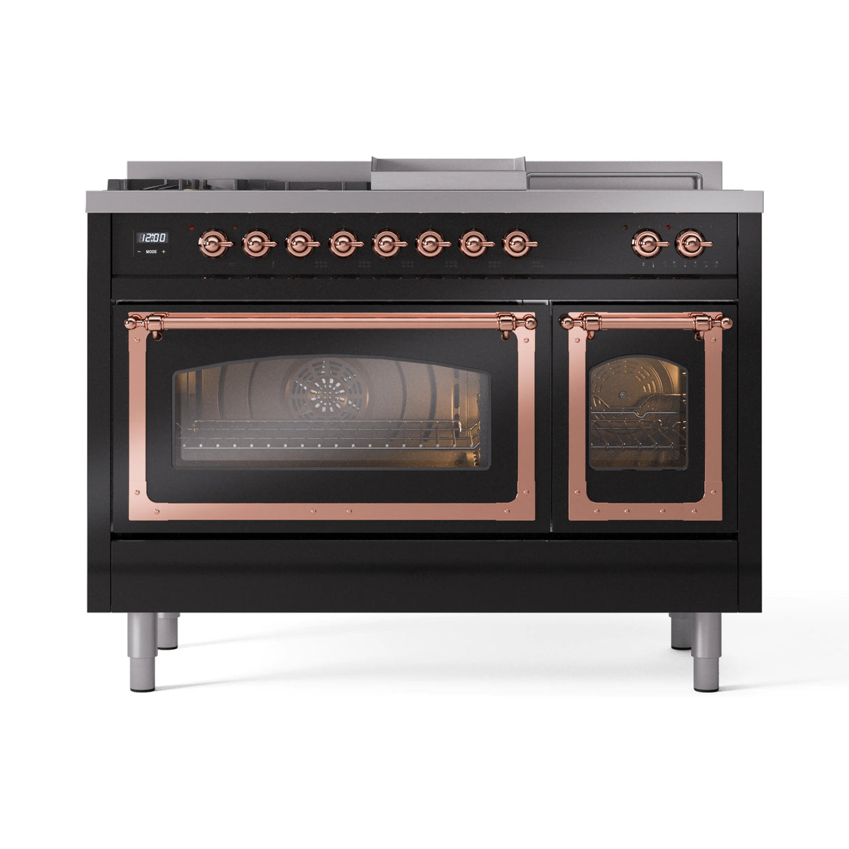 ILVE Nostalgie II Noblesse 48-Inch Natural Gas Dual Fuel Range with 5 Burners, Griddle, & French Top with Triple Glass Door Oven in Glossy Black with Copper Trim (UN48FSNMPBKP)