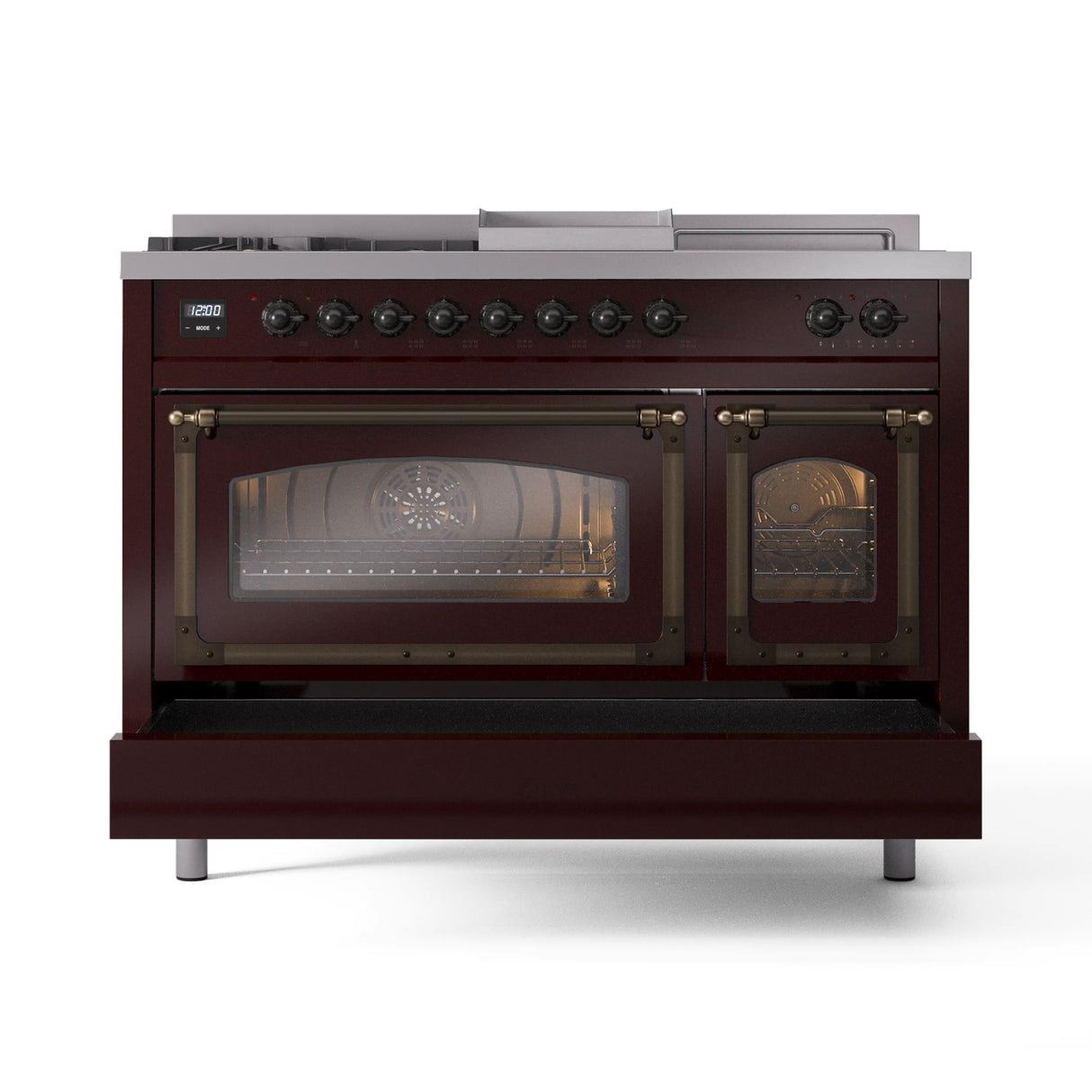 ILVE Nostalgie II Noblesse 48-Inch Propane Gas Dual Fuel Range with 5 Burners, Griddle, & French Top with Triple Glass Door Oven in Burgundy with Bronze Trim (UN48FSNMPBUBLP)